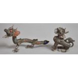 Two Tibetan White Metal Studies of Dragons with Cabochon Decoration, Longest 16cm