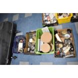 Four Boxes of Sundries to Include Stainless Steel Wares, Cottage Ornaments, Ornaments etc