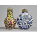 Two Chinese Snuff Bottles, One Example Decorated in Blue and White the other Hundred Flowers Design,