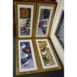 A Set of Four Framed Prints Depicting Wine Bottles and Glasses, Each 66x23cm