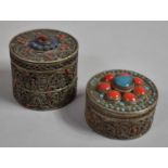 Two Circular White Metal Tibetan Boxes with Cabochon Decoration, the Largest 5.5cm Diameter