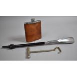 A Mid 20th Century Leather Covered Hip Flask, Single Boot Pull and Shoe Horn