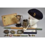 A Small Collection of Curios to Include Clay Pipes, Two Handled Trophy, Padlocks, Penknife, Tankard,