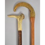 A Horn Handled Walking Stick Together with a Bone Handled Example Incorporating Whistle