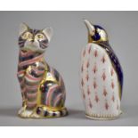 Two Royal Crown Derby Paperweights, Penguin with Silver Button and Seated Cat without Button