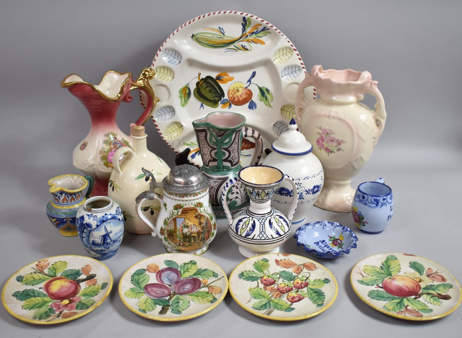 A Collection of Various Continental Items to comprise Spanish Jugs, Ewers, Pewter Lidded Ceramics