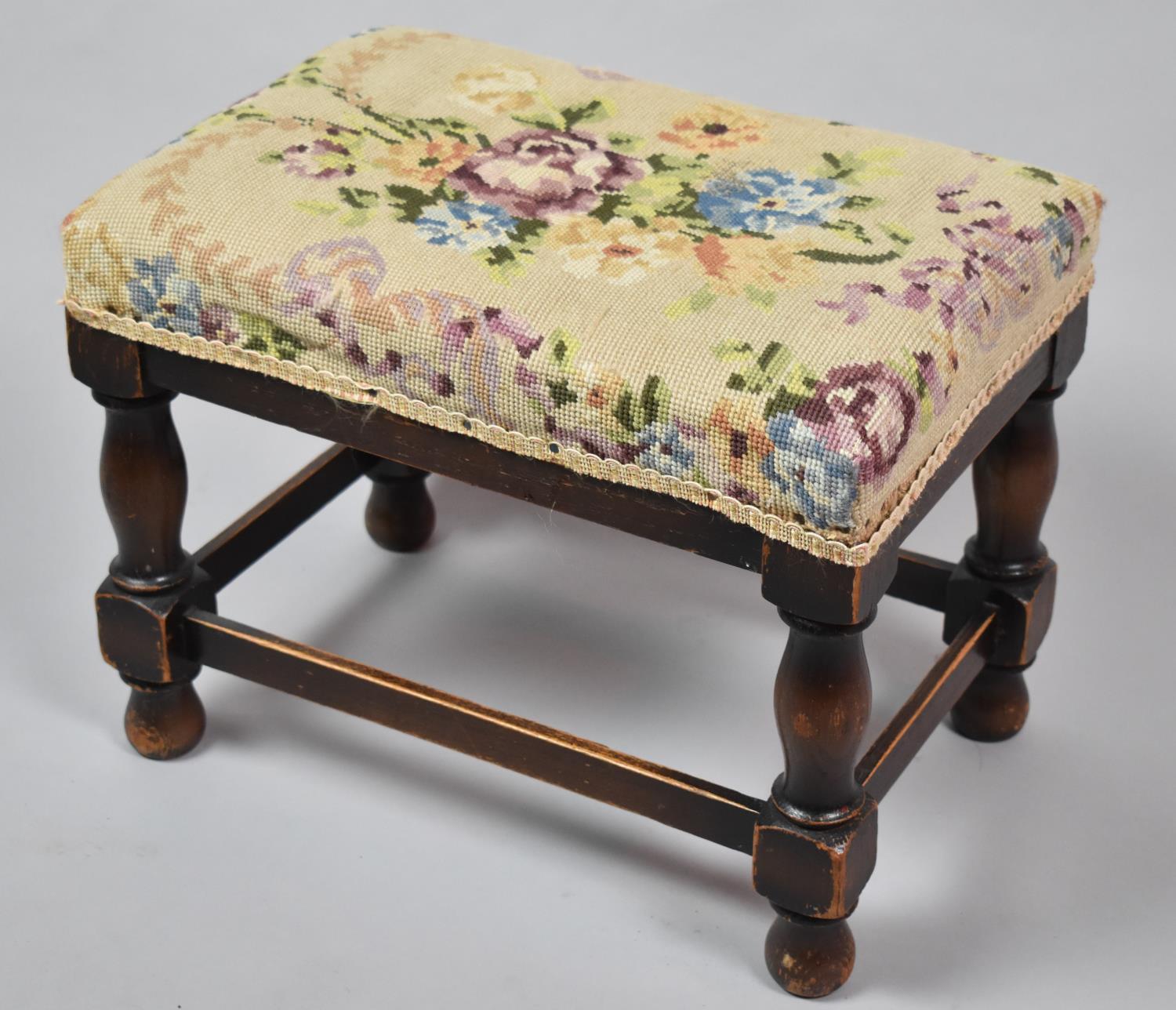 A Mid 20th Century Oak Framed Tapestry Topped Stool, 43cm wide
