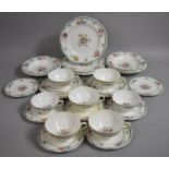 A Queen Anne Floral and Green Band Decorated Tea Set to comprise Six Cups, Eight Saucers, Two