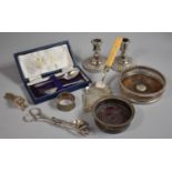 A Collection of Silver Plate to Include Mappin & Webb Christening Set, Bottle Coasters, Napkin