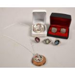 A Pair of Gents Cufflinks, Three Dress Rings, Masonic Pendant and Stag Pendant etc