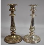 A Pair of Sheffield Plated Candlesticks on Circular Bases, Moulded Decoration, 23cm high