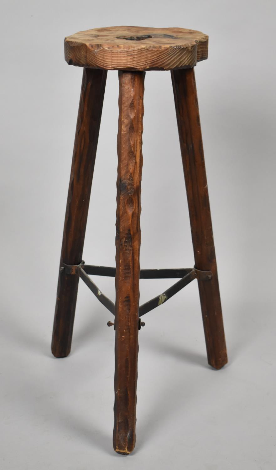A Mid/Late 20th Century Rustic Tripod Stool with Iron Work Stretcher, 70cm high