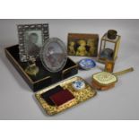 A Vintage Wooden Stationery Box Containing Curios to Include Photo Frames, Hairbrush, Miniature