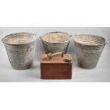 Three Vintage Galvanized Buckets and a Petrol Tin