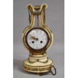 A French Louis XVI Style Ormolu Mounted Alabaster Lyre Shaped Mantle Clock on Oval Base with Four