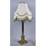 An Edwardian Brass Table Lamp with Turned Support on Square Plinth Base, Complete with Shade,