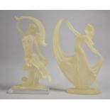 A Pair of Opaque Resin Figural Ornaments, Maidens on Perspex Rectangular Plinth