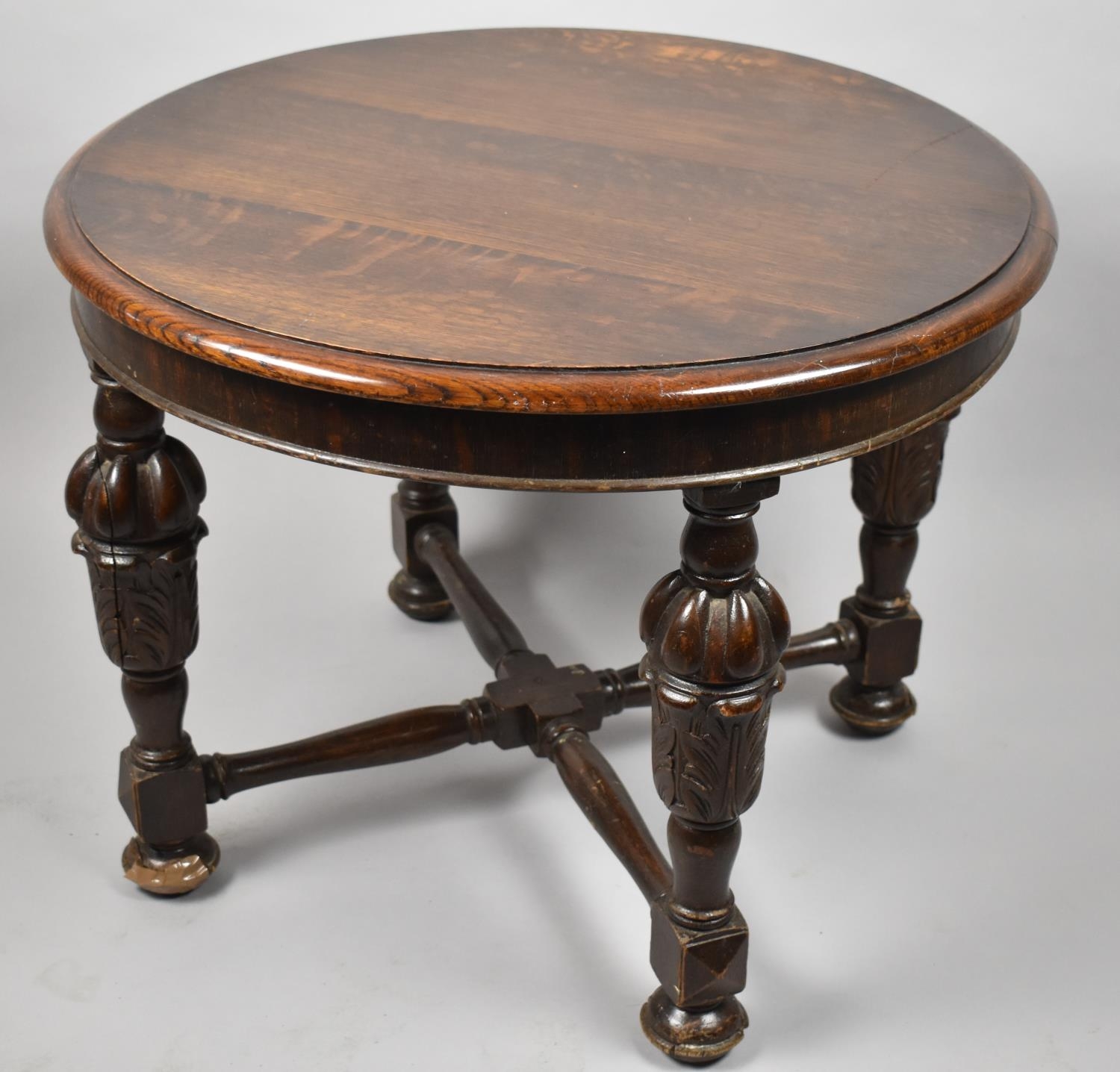 A Mid 20th Century Oak Circular Topped Coffee Table with Carved Bulbous Supports, 61cm Diameter