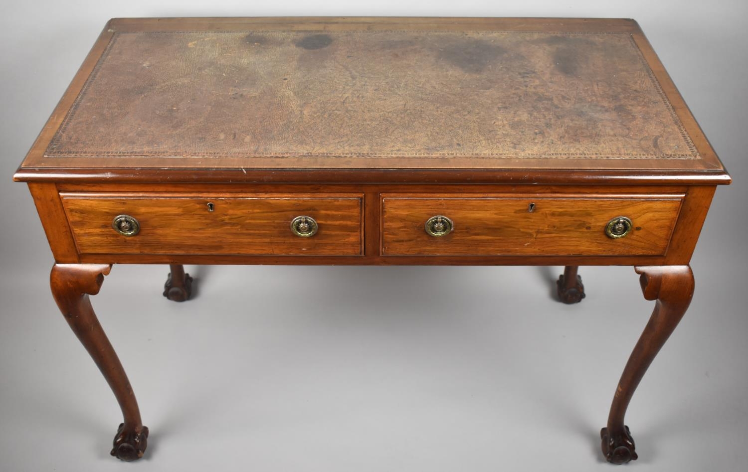 A Mid 20th Century Writing Desk with Tooled Leather Top, Two Drawers and Cabriole Support - Image 2 of 2