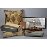 Two Scatter Cushions, Framed Print, Collection of Pianola Rolls, Maracas etc