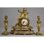 A French Gilded Spelter Clock Garniture In Need of Restoration, Cherub Finial and Porcelain Panel,