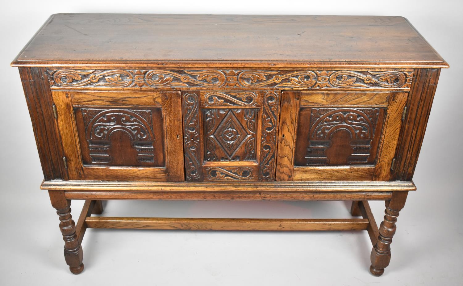 A Nice Quality Oak Double Pot Cupboard with Carved Panelled Front by Cave of Birmingham, 122cm Wide - Image 2 of 3