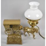 A Collection of Brass to Include Horse and Caravan, Letter Rack and Table Lamp