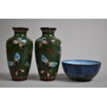 A Pair of Cloisonne Vases Decorated with Butterflies on Green Ground, 12.5cm high Together with an