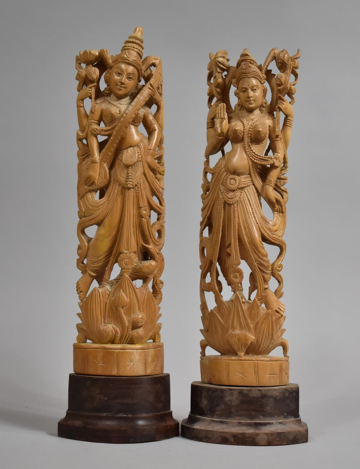 Two Carved Indian Figures, Lakshmi - Goddess of Wealth and Saraswathi - Goddess of Knowledge, Both