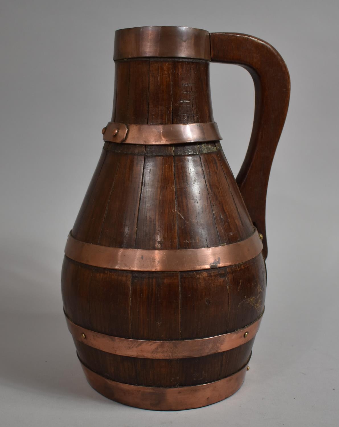 A Late 19th/Early 20th Coopered Oak Jug with Copper Hoops, 30cm high - Image 2 of 2