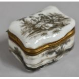 A Continental Ormolu Mounted Porcelain Box with Lovers in Countryside Scene, 5cm x 3.5cm x 2cm high