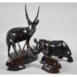 A Collection of Carved Wooden African Souvenir Animals to Include Rhino and Antelopes