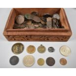 A Far Eastern Carved Wooden Box Containing Various Coins, Medallions, Reproduction Coins etc