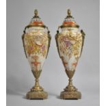 A Pair of Reproduction Ormolu Mounted French Style Lidded Two Handled Vases, Decorated with a