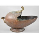 A Vintage Copper Helmet Shaped Coal Scuttle with Brass and Turned Wooden Handles, 54cm Long
