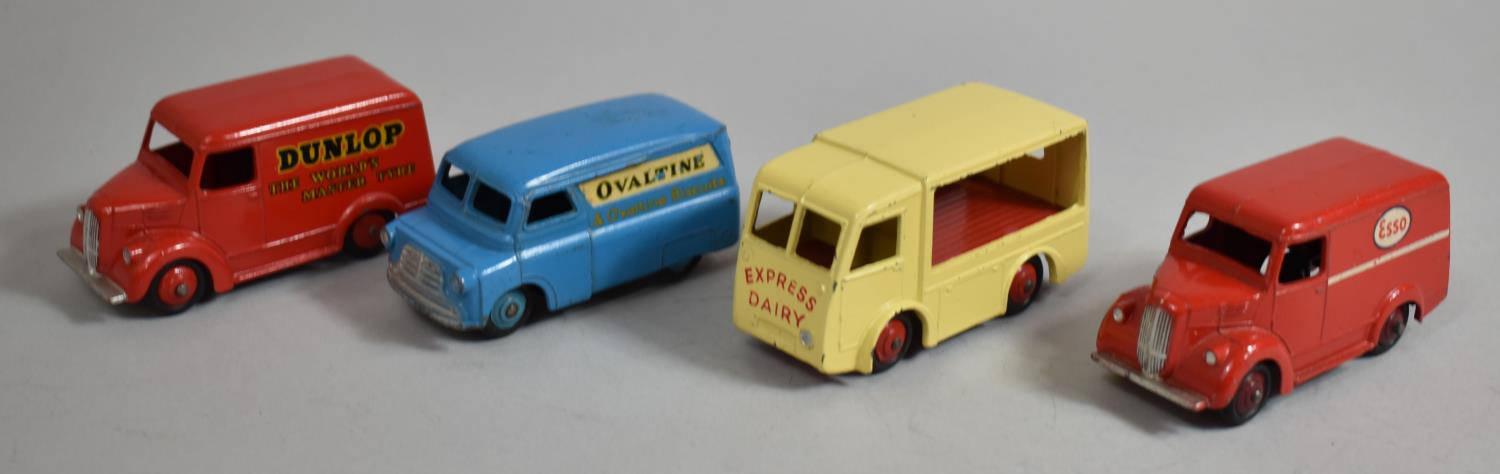 A Collection of Four Unboxed Dinky Toys Commotional Vans to Include 30v Electric Dairy Van with "