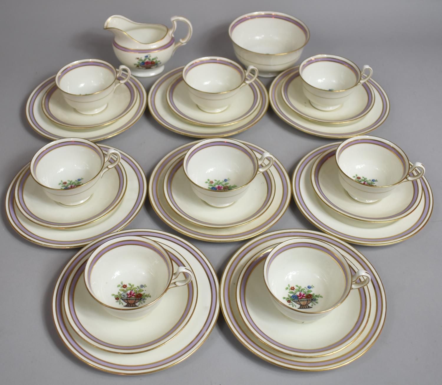 An Aynsley Tea Set Decorated with Vase of Flowers and Lavender Borders to comprise Cup, Saucers,