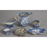 A Collection of Blue and White wares to Include Transferprinted Jugs, Willow Pattern Pickle Dish etc