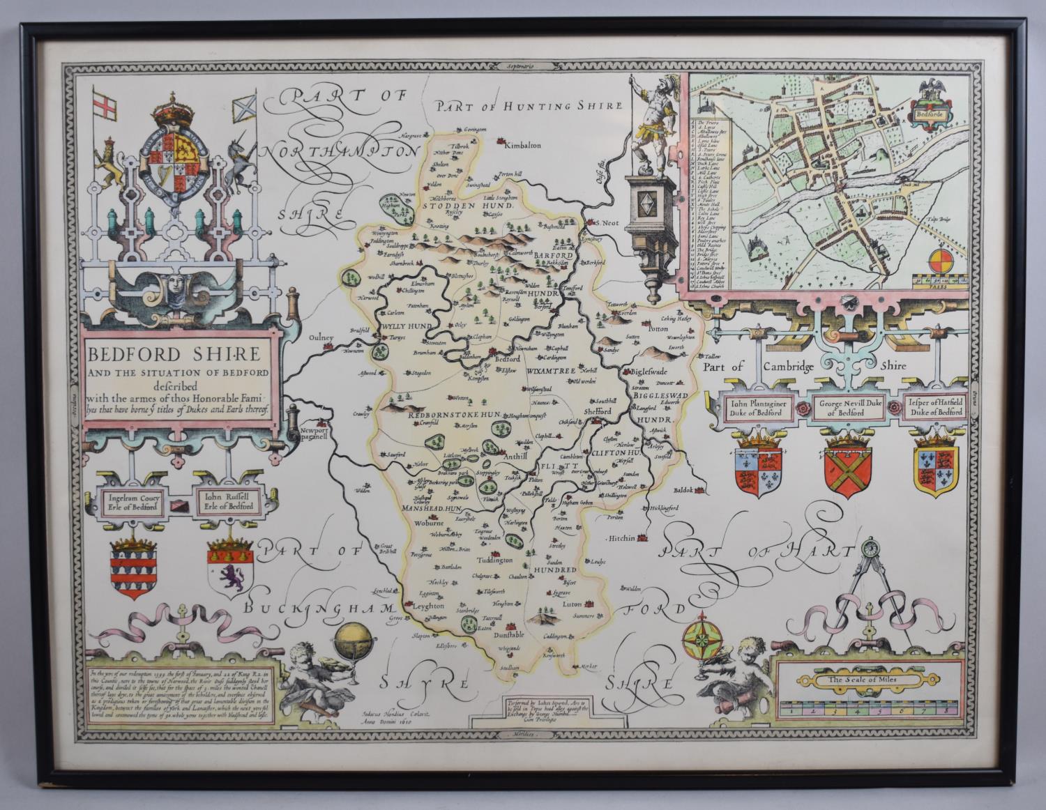 A Framed Map of Bedfordshire, 51x38cm