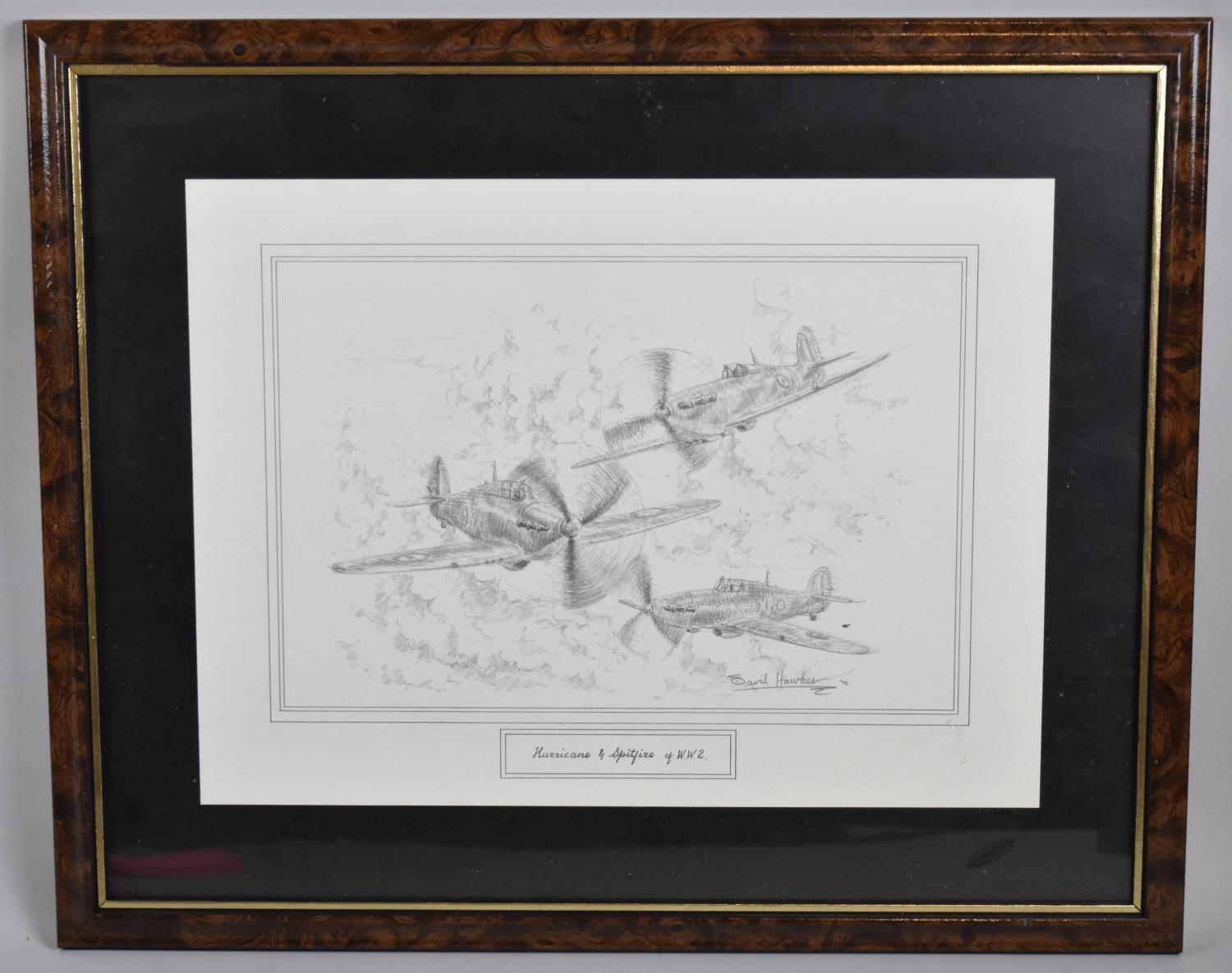A Framed David Hawker Print, Hurricane and Spitfire of WWII, 33x22cm