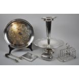 A Collection of Silverplate to Include Single Trumpet Epergne, Circular Card Tray, Toast Rack, Sugar
