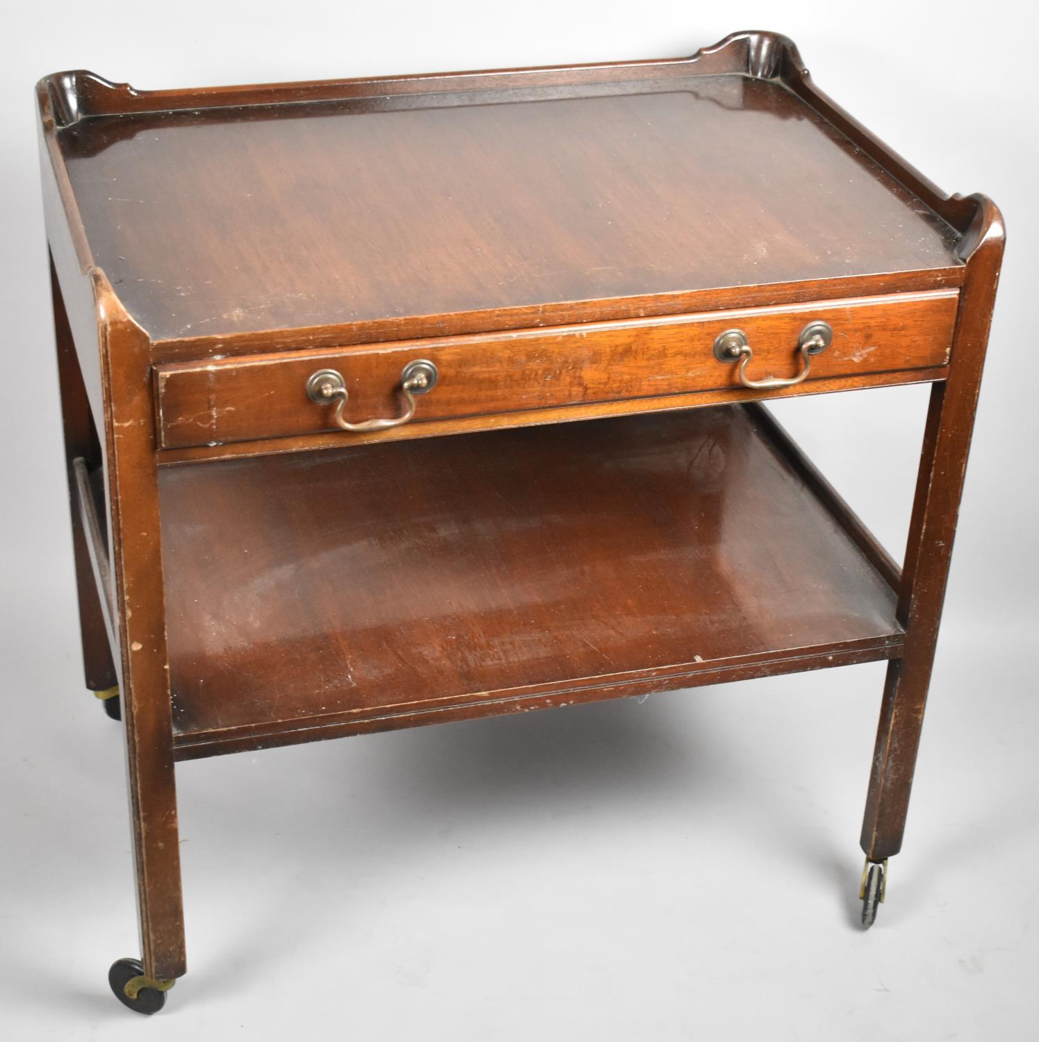 A Mid 20th Century Mahogany Two Tier Trolley with Galleried Top and Single Long Drawer 77cm Wide