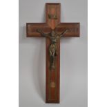 An Edwardian Stained Wooden and Brass Inlaid Crucifix with Bronzed Corpus Christi, 40cm High