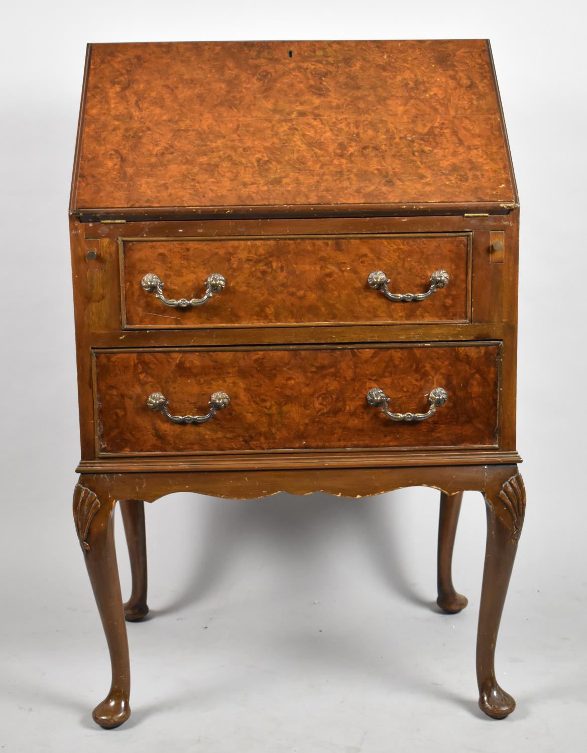 A Mid 20th Century Bur Walnut Fall Front Bureau with Fitted Interior and Two base Drawers, 60cm