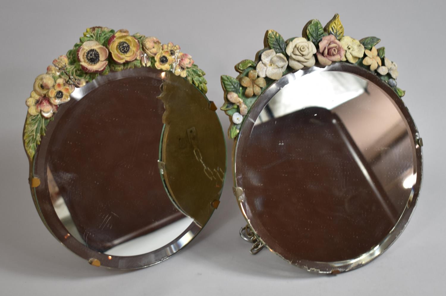 Two Vintage Circular Easel Backed Barbola Mirrors, Each 23cm Diameter