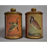 A Pair of Reproduction Lacquered Style Ceramic Cylindrical Storage Jars Decorated with Birds, 20cm
