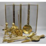 A Collection of Various Brass to Comprise Ornament Scrolled Fire Dogs, Bellows, Fire Irons,