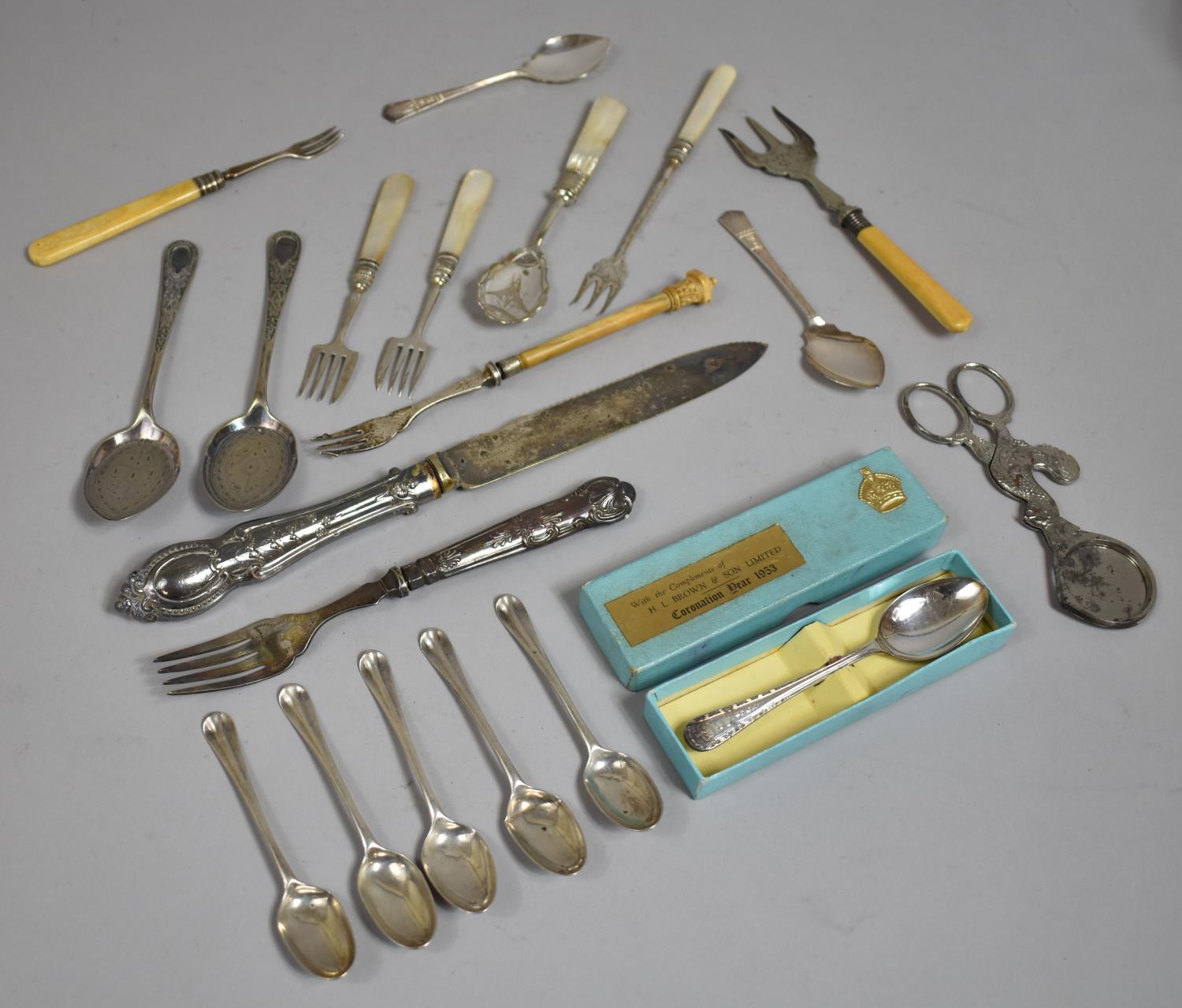 A Collection of Silver Plated and other Cutlery to Include Jam Spoons, 1953 Coronation Spoon, Pickle - Image 2 of 4