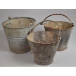 A Collection of Three Graduated Galvanized Buckets and a Vintage Cow Chain