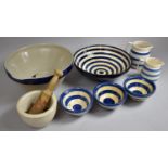 A Collection of Various Kitchen Wares To Comprise Two Cornishware Jugs, Cornishware Style Large Bowl